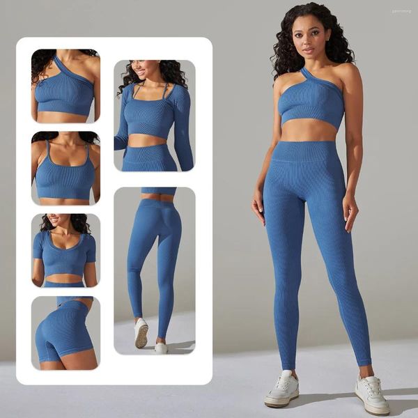 Женские брюки из двух предметов, бесшовный комплект для йоги, ребристая одежда для тренировок для женщин, спортивный бюстгальтер, шорты с высокой талией, леггинсы, комплекты одежды для фитнеса и спортзала