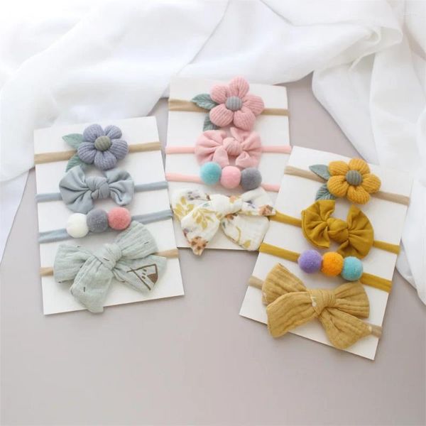 Haarschmuck, 4 Stück, für Babys, Blumen, Ball, Schleife, Band, Anzug, superweich, nicht eng, elastisches Stirnband für Kinder