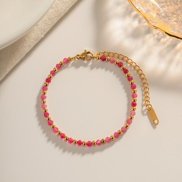 Strang Minar ethnische rosa Farbe Glasperlen Armbänder Frauen Großhandel 18 Karat vergoldetes Titan Stahl Charm Armband wasserdicht
