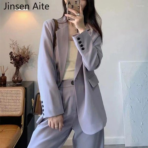 Calças femininas de duas peças jinsen aite terno casual manga longa jaqueta cintura alta calça feminina 2 peças conjunto blazer senhoras elegante