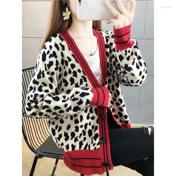 Maglieria da donna Tendenza Stampa leopardata coreana di grandi dimensioni Capispalla invernale con bottoni Cardigan lavorato a maglia Y2k Giacca maglione caldo vintage N178