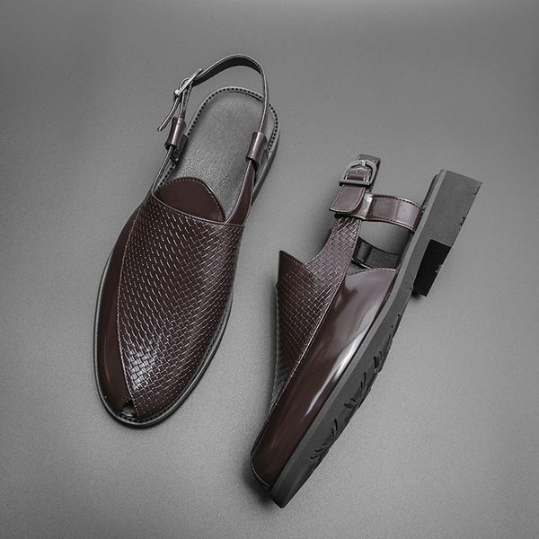 Herren Sandalen braun schwarz gewebte Pu-Leder Sandalen handgemachte Schnallenriemen Kleid Schuhe versandkostenfrei Größe 38-47