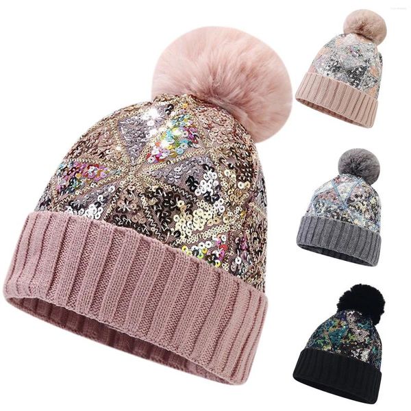 Berets feminino malha gorro lantejoulas bola brilhante chapéu sem borda pompom skullies malha inverno quente feminino bonnet boné para bonés de esqui ao ar livre