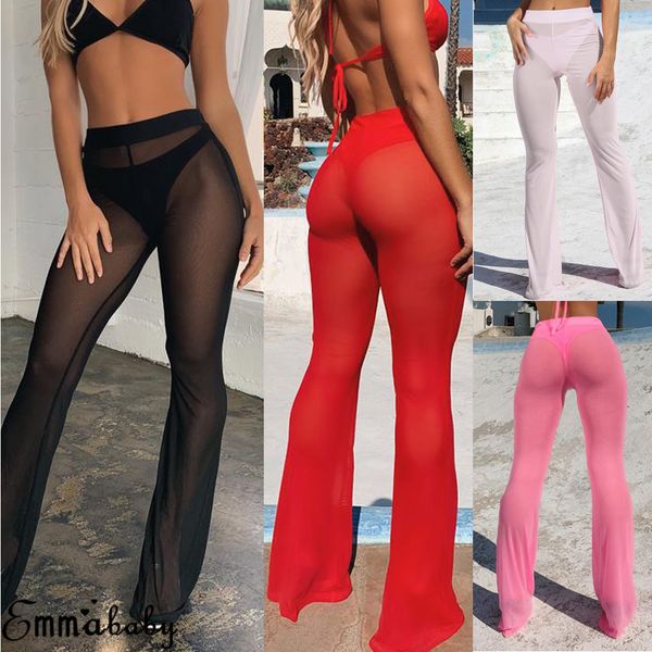 Damen Hosen Capris Frauen Sexy Strand Sheer Mesh Durchsichtig Transparent Hohe Elastische Taille Bikini Cover Up Bademode Bell Bottom Flare Pants Hose 230406