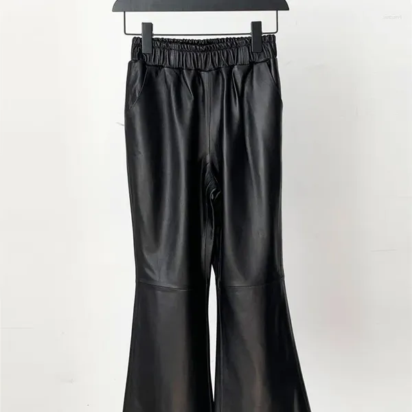 Женские брюки 2023, кожаные женские из овечьей кожи, с эластичной резинкой на талии, тонкие, расклешенные, осень-зима