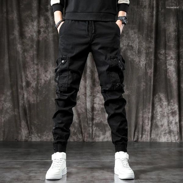 Мужские брюки, тактические брюки-карго с несколькими карманами, черные мужские осенние модные повседневные хлопковые облегающие брюки для бега с эластичной резинкой на талии и шнурком