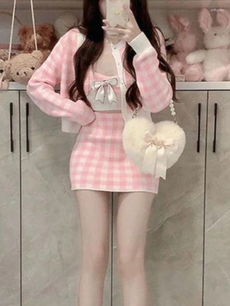 Arbeit Kleider Winter Süße Gestrickte 3 Stück Set Frauen Japanischen Plaid Pullover Rock Anzug Weibliche Casual Koreanische Mode Designer 2023