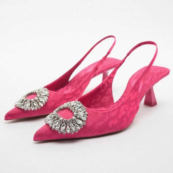 Сандальцы женские розовые леопардовые припечатки высокие каблуки модные стразы Слинг -обрачные насосы Женщина заостренная нога