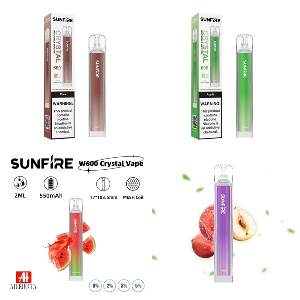 Orijinal Sunfire Box Crystal 600 Puffs E Sigara 2% Tek Kullanımlık Önceden Doldurulmuş 2ml Pods 550mAh Pil Kalem Cihazı Puf 600 2500 7000 Puflar Elektronik Sigara Bar