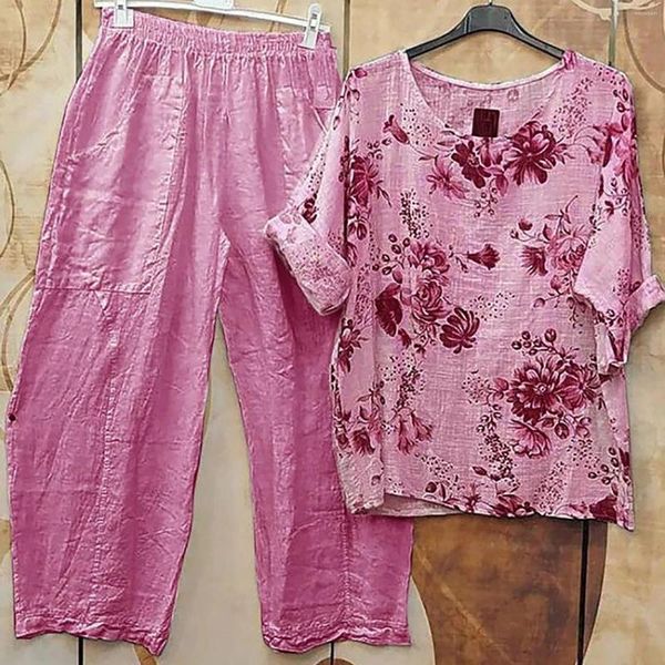 Calças femininas de duas peças rosa camisa pulôver tops terno treino impressão boho mulheres conjunto falso algodão linho harajuku manga curta túnica