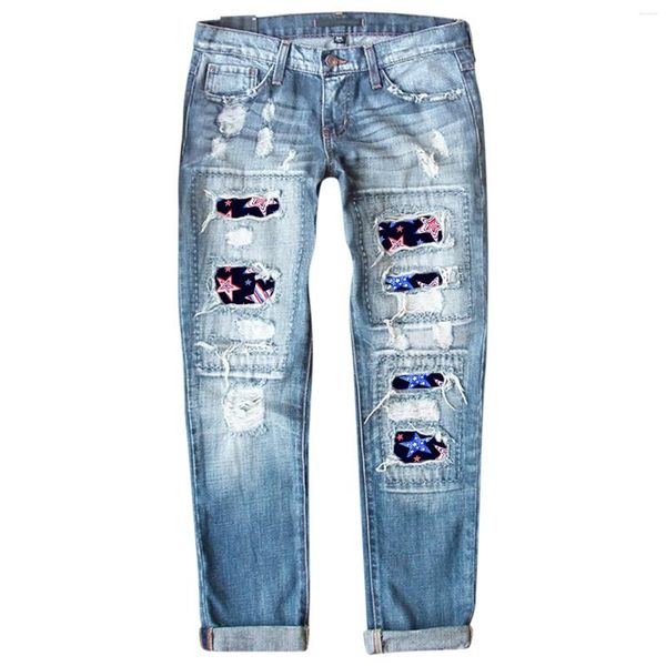 Damen Jeans Jean Overalls Damen Hosen Auf Womens Independence Day Print Zerrissene Hohe Taille Breites Bein Für