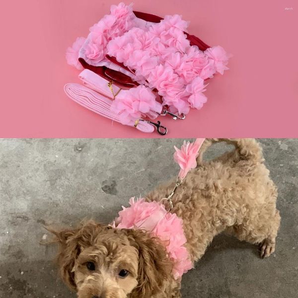 Köpek yakaları moda sevimli pembe küçük evcil hayvan köpek yavrusu kedi ayarlanabilir yelek yürüyüş ceket koşum takımı ve tasma sapı ile süslü çiçek bezi ile set