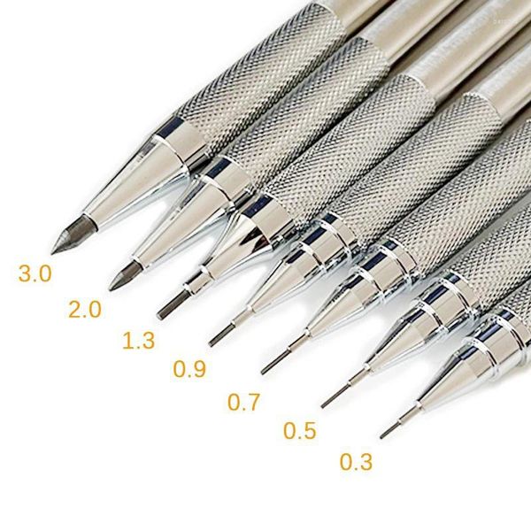 Set di matite meccaniche Disegno artistico in metallo Pittura automatica con mine Materiale scolastico per ufficio 0,3 0,5 0,7 0,9 1,3 2,0 mm