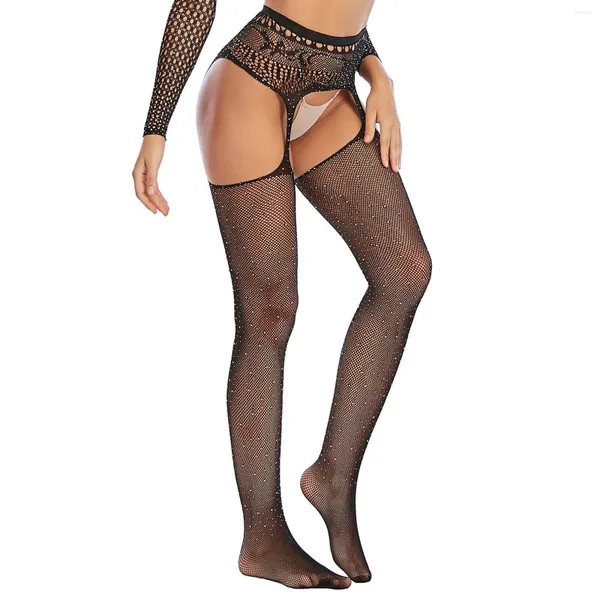 Mulheres meias coxa alta suspender cinto meias sexy preto renda transparente meia meia cristal lingerie net casual