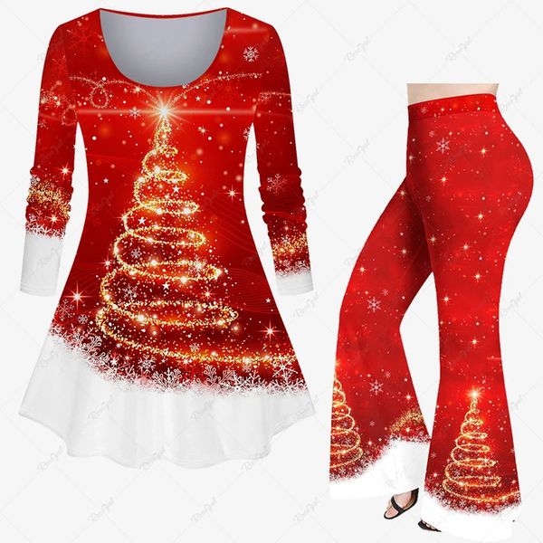 Pantaloni a due pezzi da donna 2023 Albero di Natale da donna Fiocco di neve Tie Dye Glitter Maglietta con stampa 3D o Flare Set di abbinamento casual quotidiano 231107