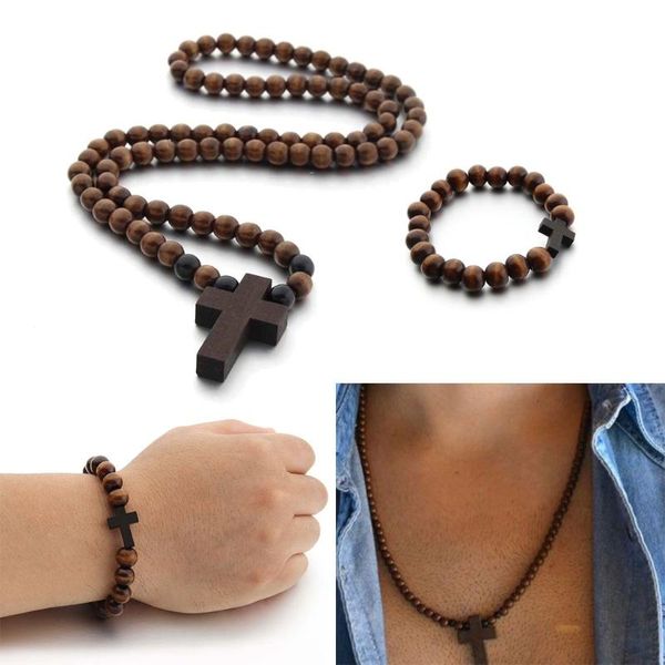 Collane con ciondolo Perline di legno Religioso Cattolico Crocifisso Collana Bracciale Set Prima Comunione Regalo Croce ispiratrice per la preghiera