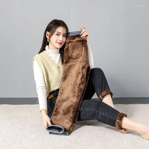 Jeans femininos coreano mulheres inverno velo cintura alta estiramento quente denim harem calça espessamento calças queda pantalones de mujer 0015