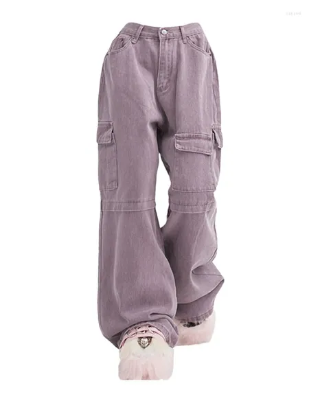 Женские джинсы 2023, женские фиолетовые брюки-карго Y2k, мешковатая уличная одежда, модные прямые брюки с высокой талией в стиле Харадзюку, повседневные джинсовые широкие брюки, лето