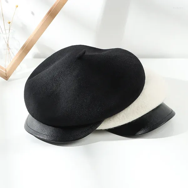 Berets Chapéu Feminino Retro Socialite Peaked Cap Color-Bloqueado Couro Brim Lã Octogonal Britânico Woolen All-Match Boina Chapéus