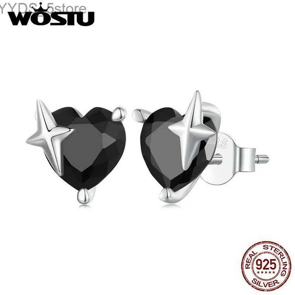 Stud WOSTU 925 Sterling Silver Big Heart Star Stud Brincos para Mulheres Cool Black Zircon Punk Ear Studs Moda Jóias Festa Presente Novo YQ231107