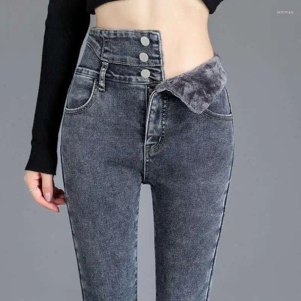 Jeans da donna tre fibbie donna inverno Plus pantaloni in denim a matita sottile in velluto donna 2023 mamma elasticizzata coreana a vita alta calda