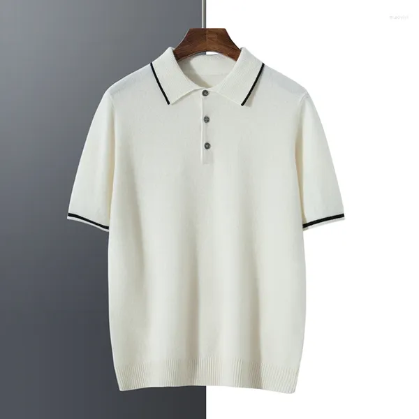 Suéter masculino Rongyi Pure Cashmere manga curta simples meio polo pescoço camiseta pulôver casual primavera e verão jaqueta top