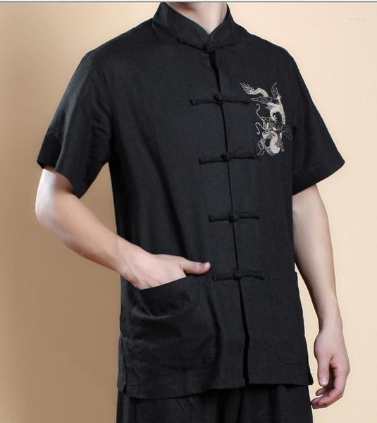 Camicie casual da uomo Camicia Wing Chun nera da uomo cinese Top Abito a maniche corte Tang Abito ricamo vintage Taglia S M L XL XXL