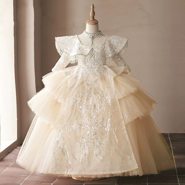 Abiti da ragazza di fiore in pizzo grazioso per matrimonio Abiti lunghi da spettacolo per bambini Abito da ballo in tulle Abito da prima comunione Tulle Lilttle Abiti da sposa per spettacolo di compleanno per bambini