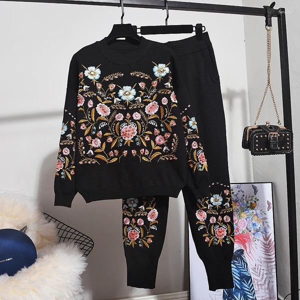 Calças femininas de duas peças outono inverno preto treino de malha mulheres bordado flor camisola casual solto outfits feminino terno