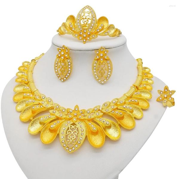 Halskette Ohrringe Set Schmuck Sets Dubai Gold Farbe Ornament Für Frauen Armband Ring Afrikanische Hochzeit Frau Geschenke Schmuck