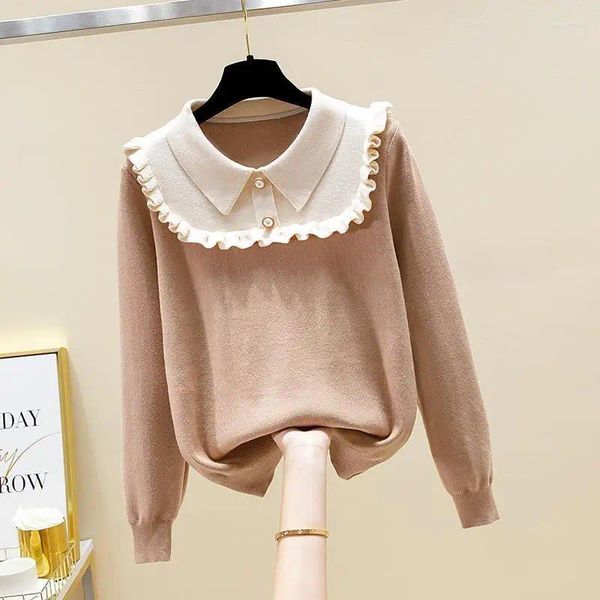 Maglioni da donna Collo a bambola Pullover da donna lavorato a maglia Autunno e inverno 2023 Studente Allentato Abbigliamento esterno Maglione a maniche lunghe con fondo superiore