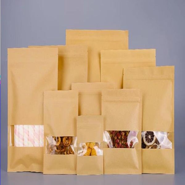Крафт-бумага с плоским дном, прозрачное окно, упаковочная сумка с застежкой-молнией, закрывающиеся пакеты для хранения порошка кофе, подарочные пакеты Qumuk