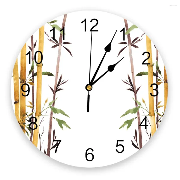 Настенные часы с желтой стрелкой, бамбуковое растение, искусство, современный дизайн, подвесные часы, креативный домашний декор для гостиной