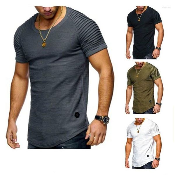 Camisetas de camisetas masculinas Design de cor sólida de verão listrada camiseta de manga com babados casual de pescoço redondo