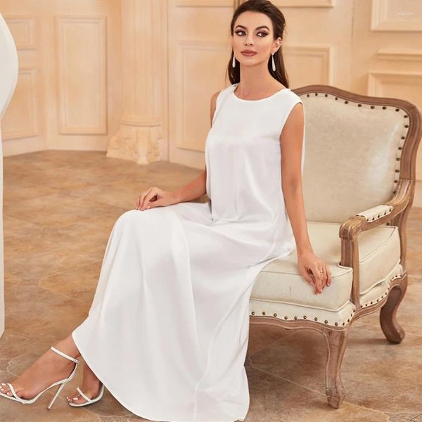 Roupas étnicas Branco Cetim Mulheres Muçulmanas Sem Mangas Casual Longo Maxi Vestido Turquia Kaftan Islam Árabe Robe Underdress Modest Ramadan Jalabiya