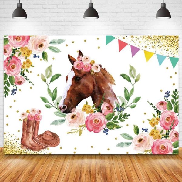 Decorazione per feste Happy Birthday Horse Background Po Ragazzi Ragazze Ritratto Fiori Decor Banner Puntelli per Pography Sfondo Studio