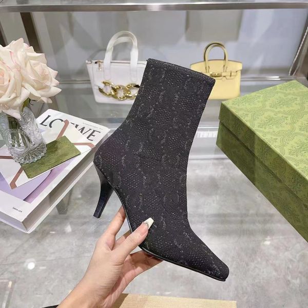 Nas botas primavera e outono moda salto alto tornozelo bota pintura com mangueira elástica sub-rede conjunto de botas de sola de couro mulheres dançando casamento de designer de luxo 35-41