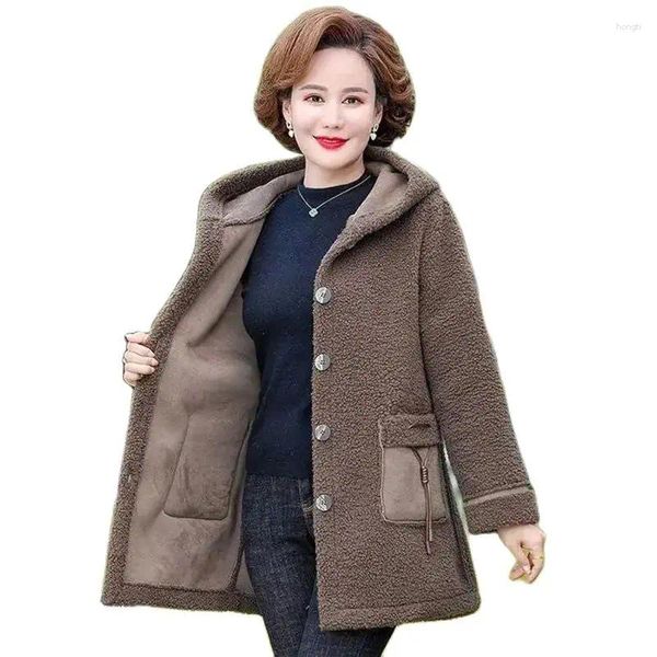 Pelliccia da donna Madre Autunno e inverno Cappotto con cappuccio in lana Donne anziane di mezza età Moda Agnello straniero Vestiti caldi imbottiti in cotone