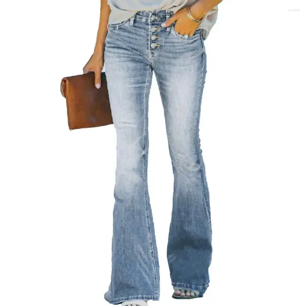 Calças de brim femininas senhora longo elegante cintura alta queimado hem fino ajuste cor gradiente comprimento total calças jeans com bolsos