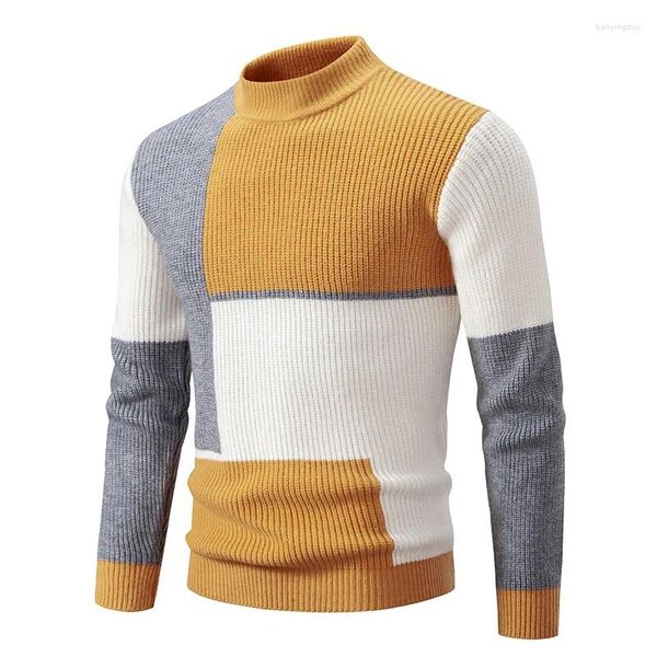 Suéter masculino outono inverno moda y2k mock pescoço suéter homens retalhos casual malha pullovers quente masculino de alta qualidade malhas slim kitted