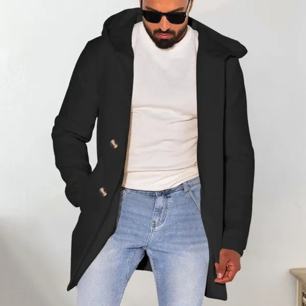 Erkek Ceketler Erkekler Çift göğüslü Ceket Kalın Sıcak Kapüşonlu Palto Cepleri Orta Uzunlukta Gevşek Uyum Hardi
