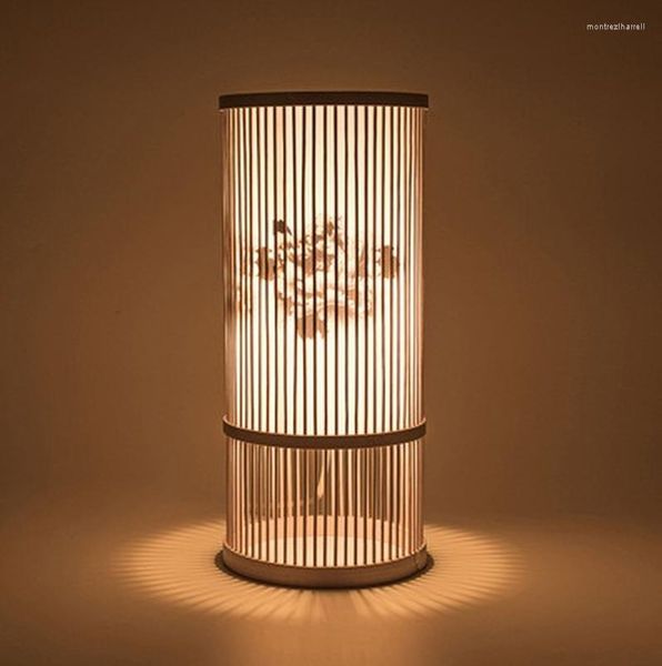 Tischlampen aus Holz Bambusblatt Lampe handgewebtes Wohnzimmer Lesen natürlicher einfacher kreativer Tee chinesischer Nachttisch