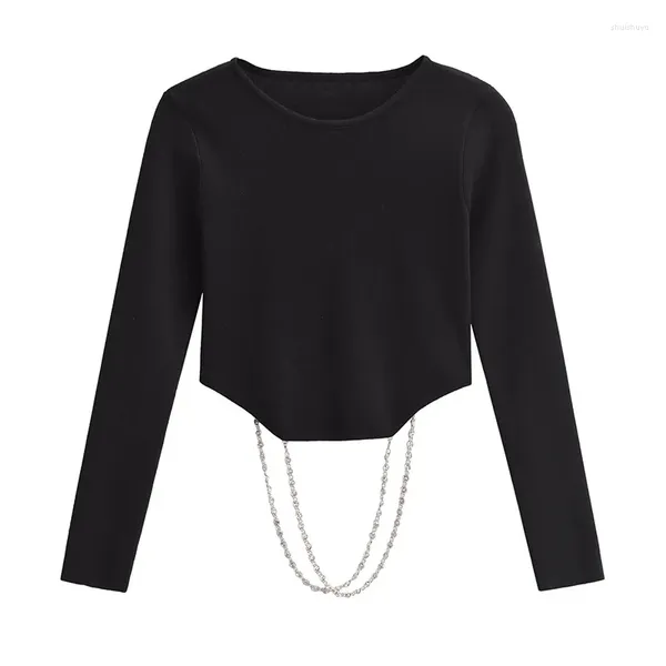 Frauenpullover YENKYE Sexy Frauen Abnehmbare Kette Applikationen Strickoberteil Mode Rückenfrei Asymmetrischer Saum Weiblicher schwarzer Crop Pullover