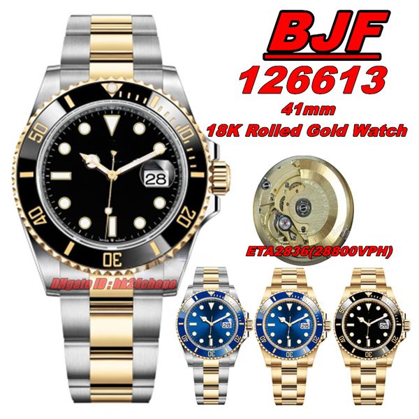 Relógios BJF 126613 Super Date 904L 18K ouro laminado 41mm ETA2836 Autoamtic Mens Watch Sapphire Black Dial ouro aço inoxidável pulseira de dois tons para homens relógios de pulso