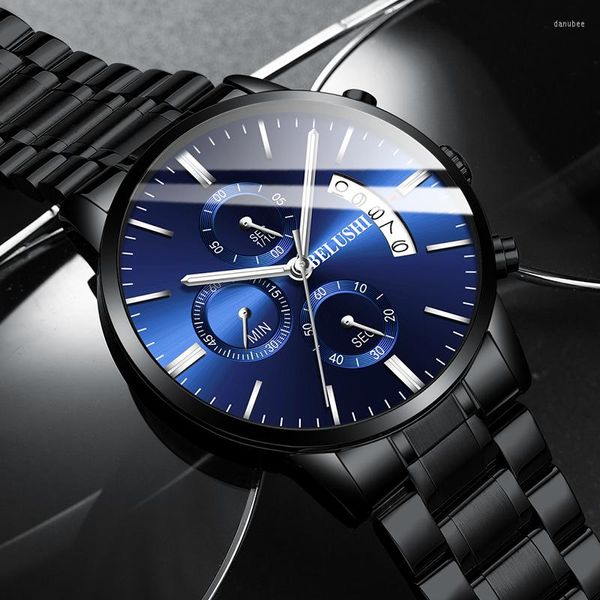 Нарученные часы Belushi Luxury Stainless Steel Band Chronograph Man Clock Fashion Men Watching Business Casual Quartz светящиеся наручные часы