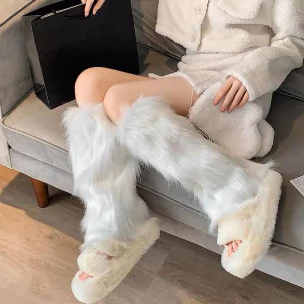 Damensocken, japanische JK-Furry-weiße Kunstfell-Wärmer, Y2K-Gothic-Stiefelhüllen, süße knielange Hipster-Warmsocke