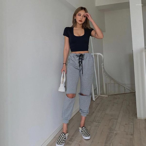 Frauen Hosen Bandage Aushöhlen Spitze Up Jogginghose Und Jogger Straße Frauen Casual Harem Hosen Track Pantalon Femme Zerrissene Sweat Hose