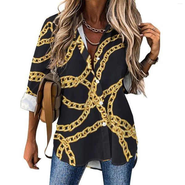 Blusas femininas corrente dourada blusa feminina links imprimir casual solto primavera manga longa camisa elegante design roupas tamanho grande 2xl 3xl