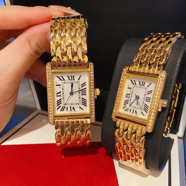 Moda de luxo dele e dela relógio conjunto vintage tanque relógios diamante ouro platina retângulo relógio de quartzo presente de aço inoxidável para casal