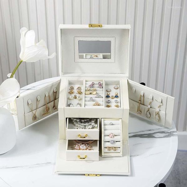 Bolsas de jóias Caixa de grande capacidade Bloqueio portátil multifuncional com brios de armazenamento de espelho Exibição de anel de colar